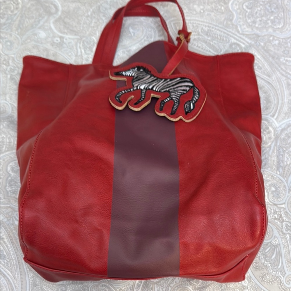 Red Leather Tote Bag with Zebra Accent